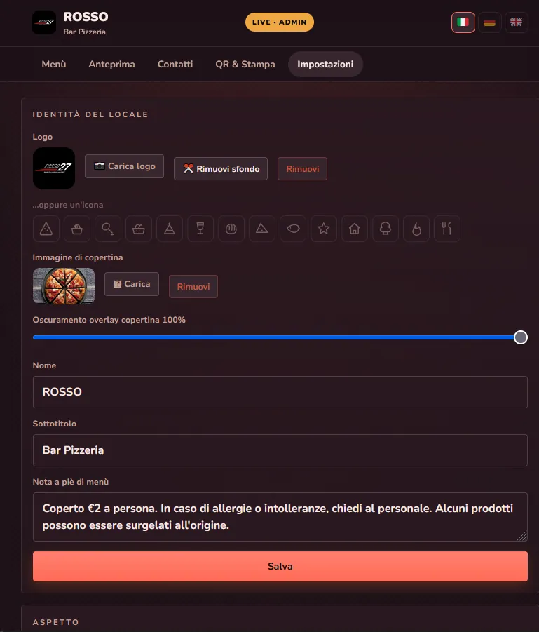 Pannello di personalizzazione FlexMenu su tablet, con logo, copertina e nota del locale