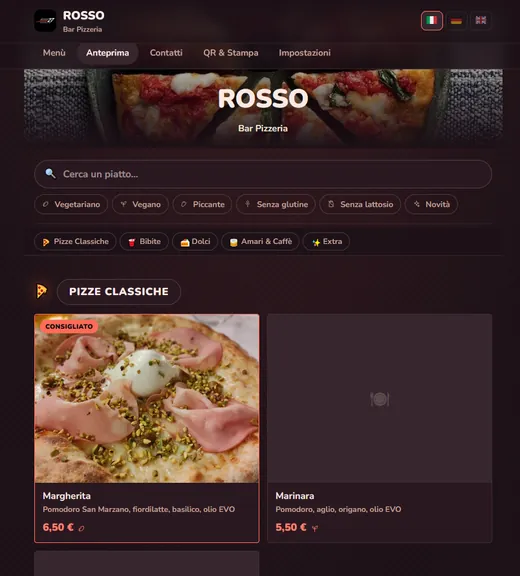 Menù digitale FlexMenu visto dal cliente su smartphone, con ricerca piatti e filtri allergeni