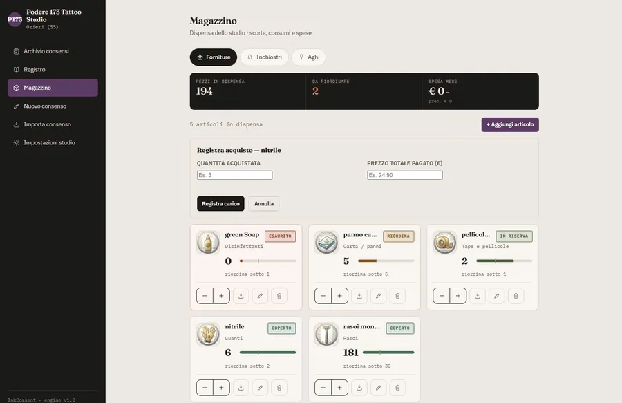 Pannello di gestione magazzino InkConsent su tablet, con scorte di inchiostri e aghi